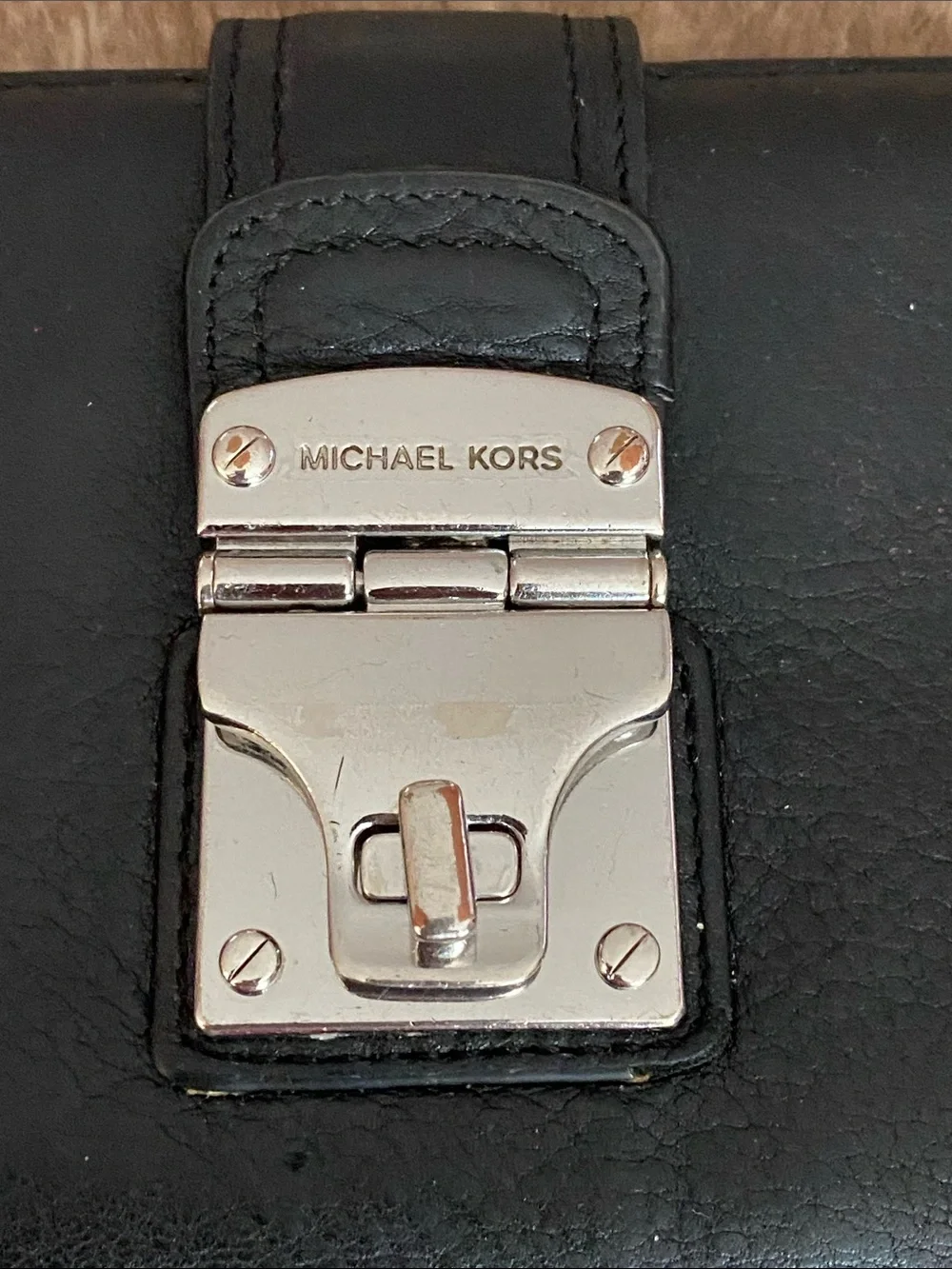 Michael Kors Black Leather Wallet with Silver-Tone Lock Detail